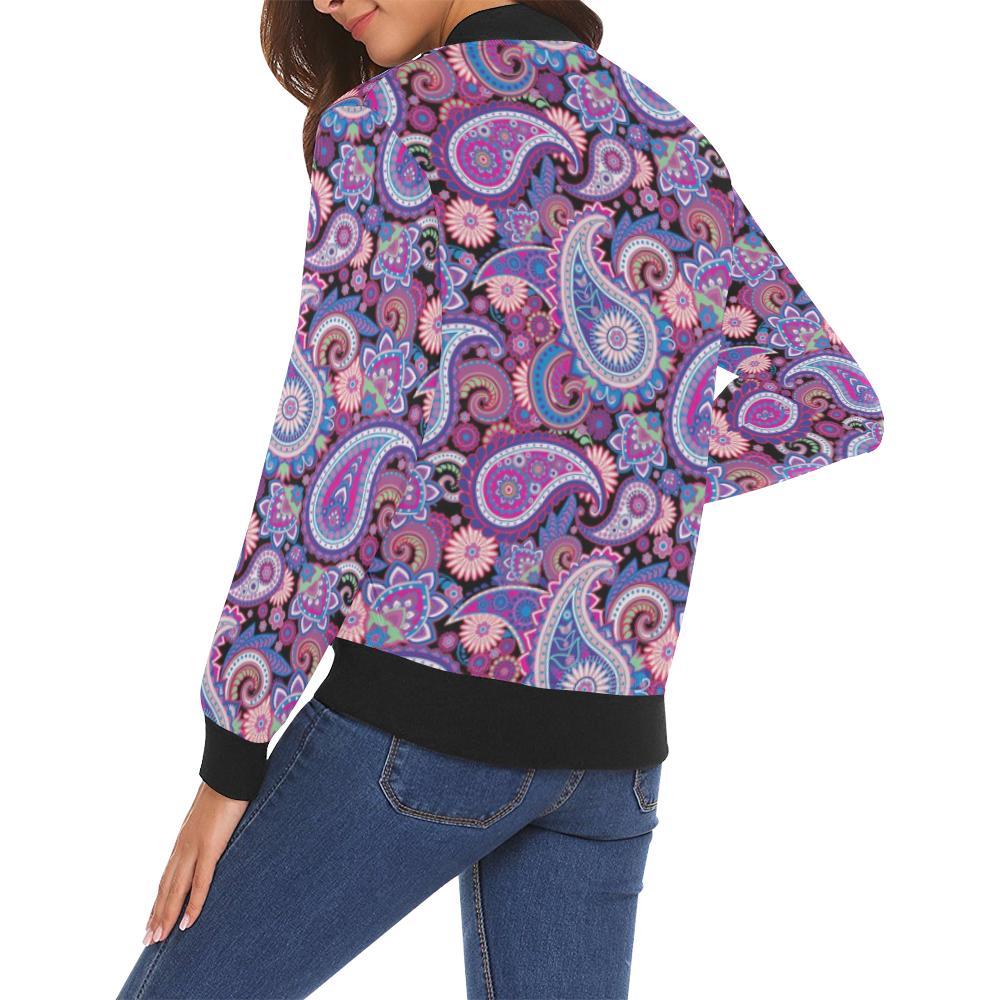 Purple Paisley Pattern Print Women Casual Bomber Jacket-grizzshop