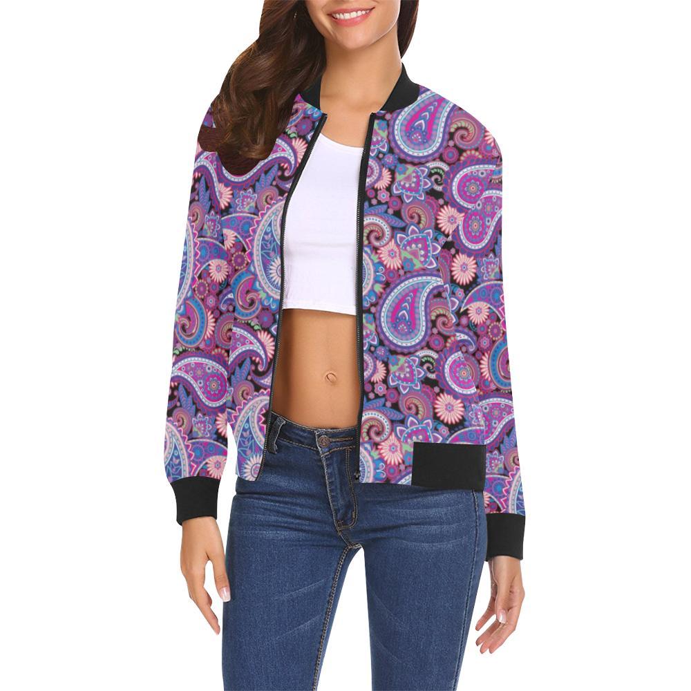 Purple Paisley Pattern Print Women Casual Bomber Jacket-grizzshop