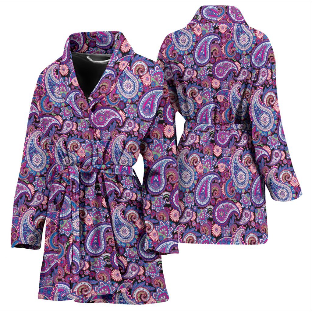 Purple Paisley Pattern Print Women Long Robe-grizzshop