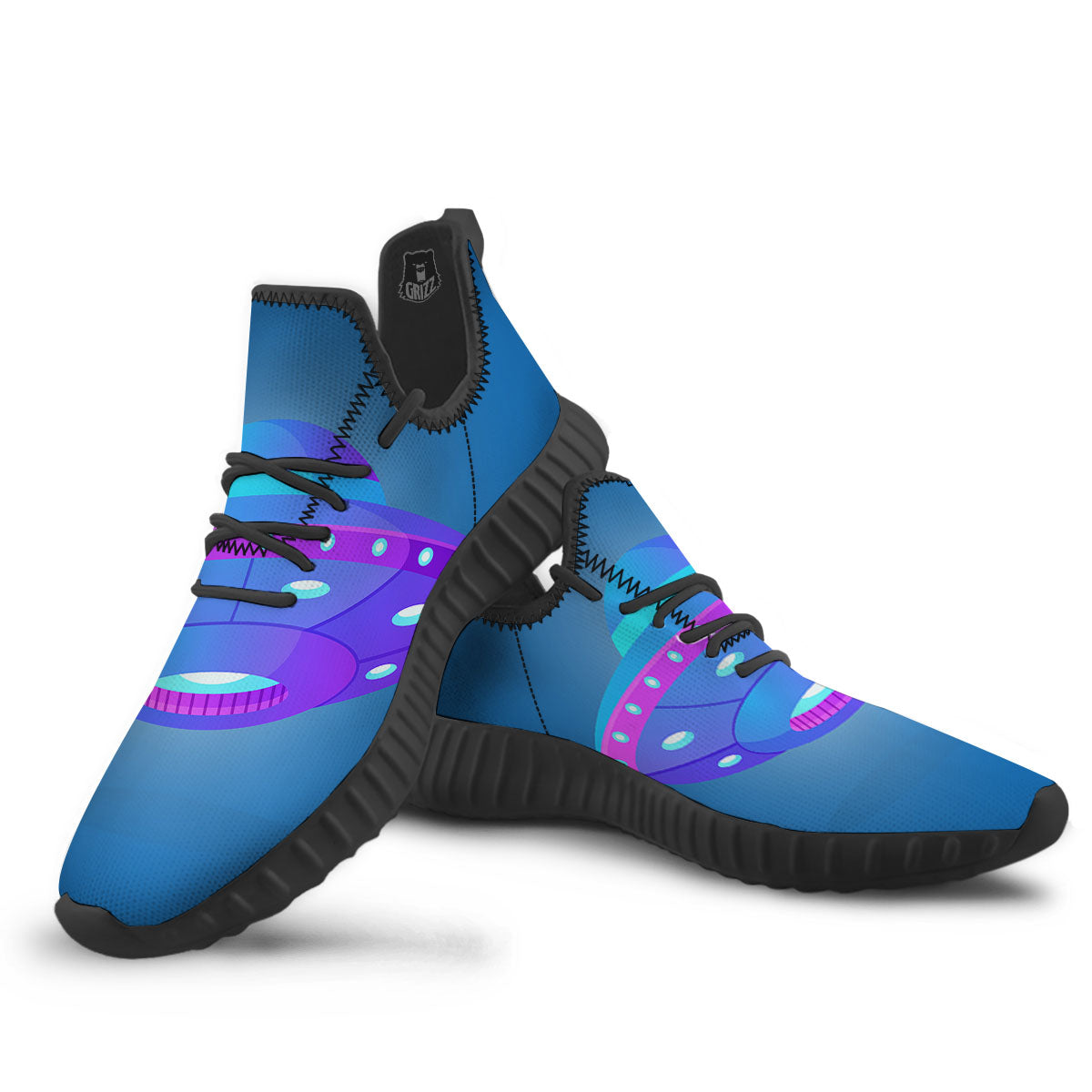 Purple Pink UFO Print Black Walking Shoes-grizzshop