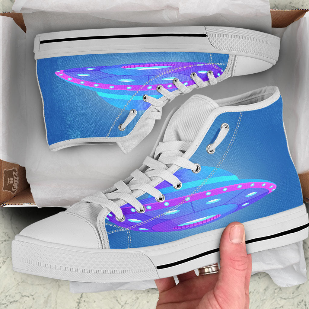 Purple Pink UFO Print White High Top Shoes-grizzshop