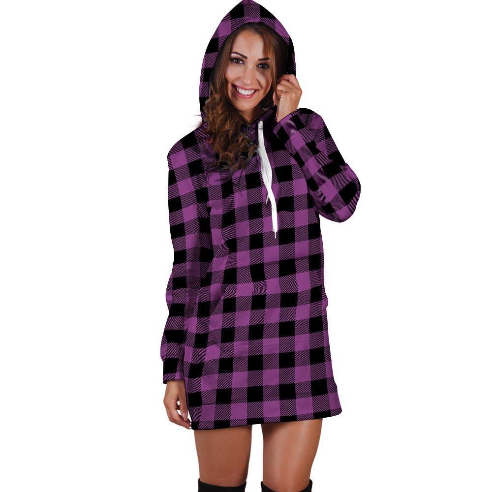 Purple Plaid Hoodie Dress-grizzshop