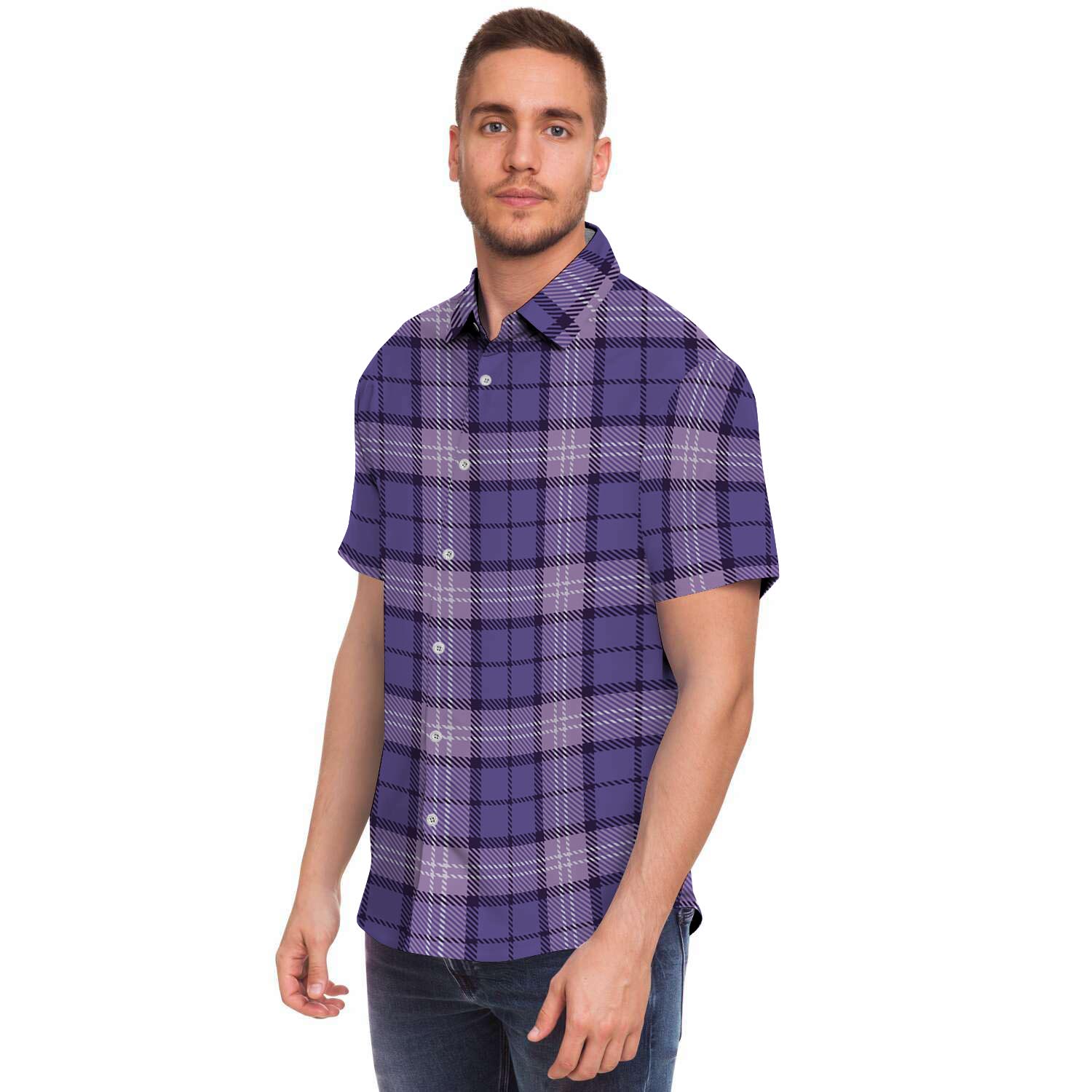 Purple Plaid Tartan Men's Short Sleeve Shirt-grizzshop