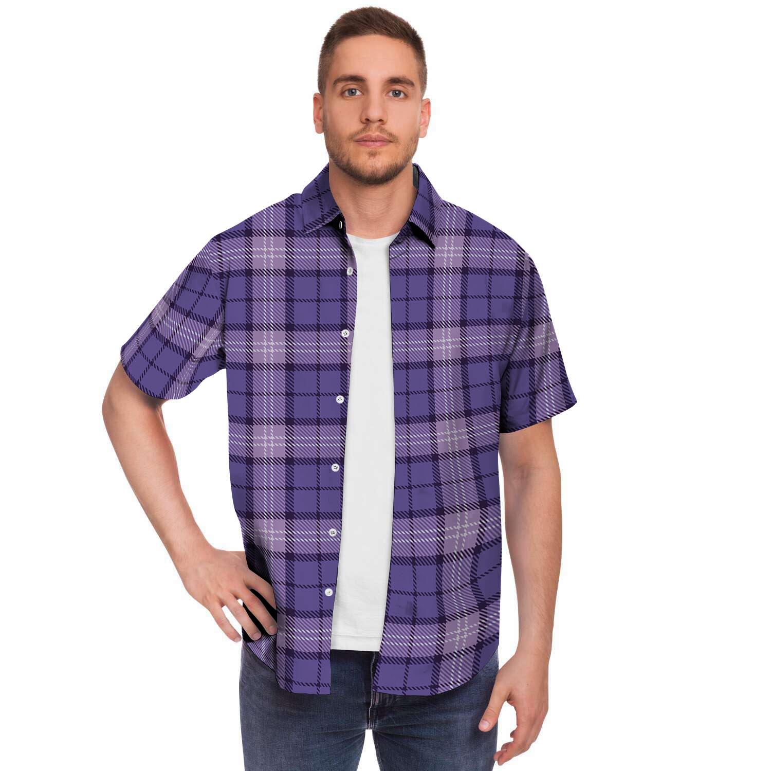 Purple Plaid Tartan Men's Short Sleeve Shirt-grizzshop
