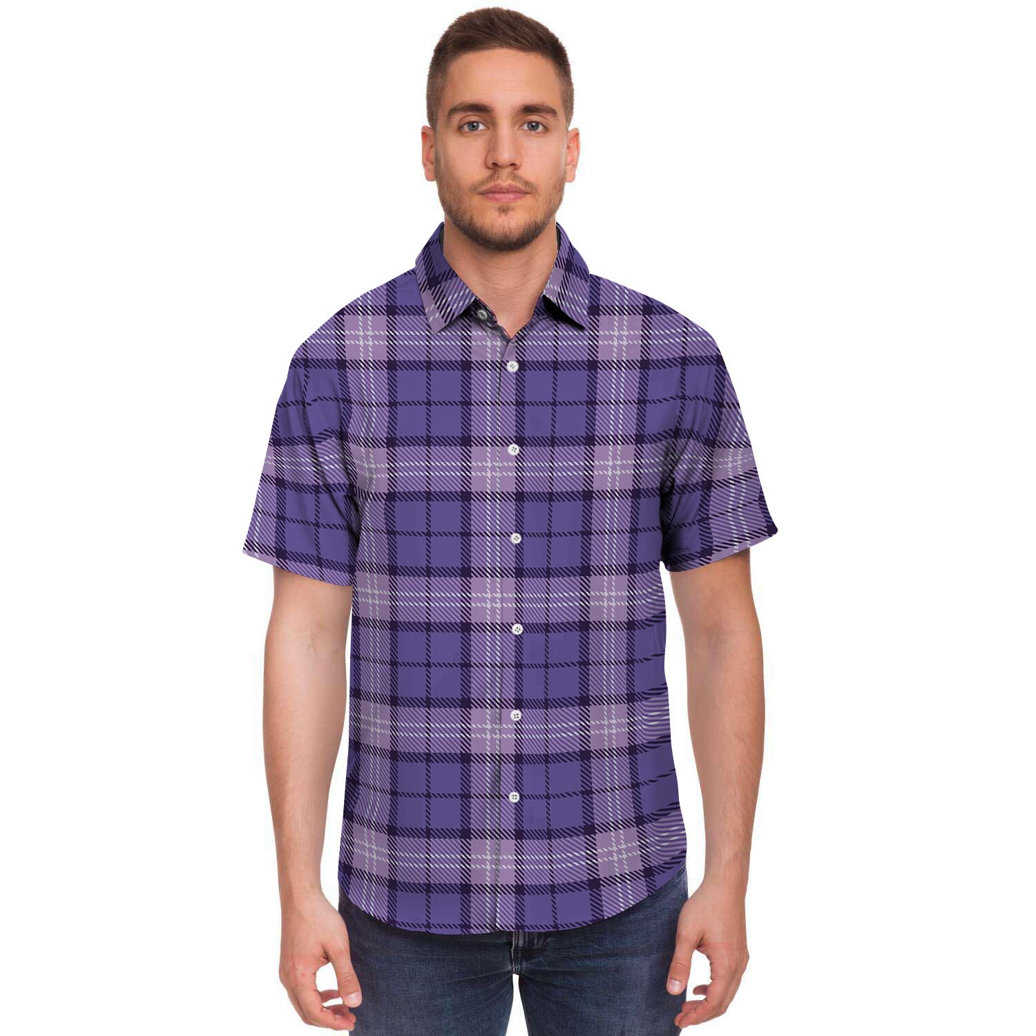 Purple Plaid Tartan Men's Short Sleeve Shirt-grizzshop