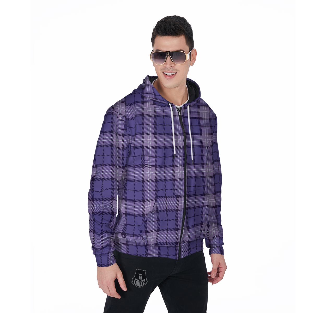 Purple Plaid Tartan Men's Zip Up Hoodie-grizzshop