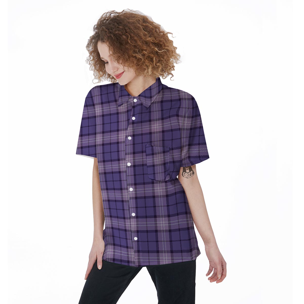 Purple Plaid Tartan Women's Short Sleeve Shirts-grizzshop