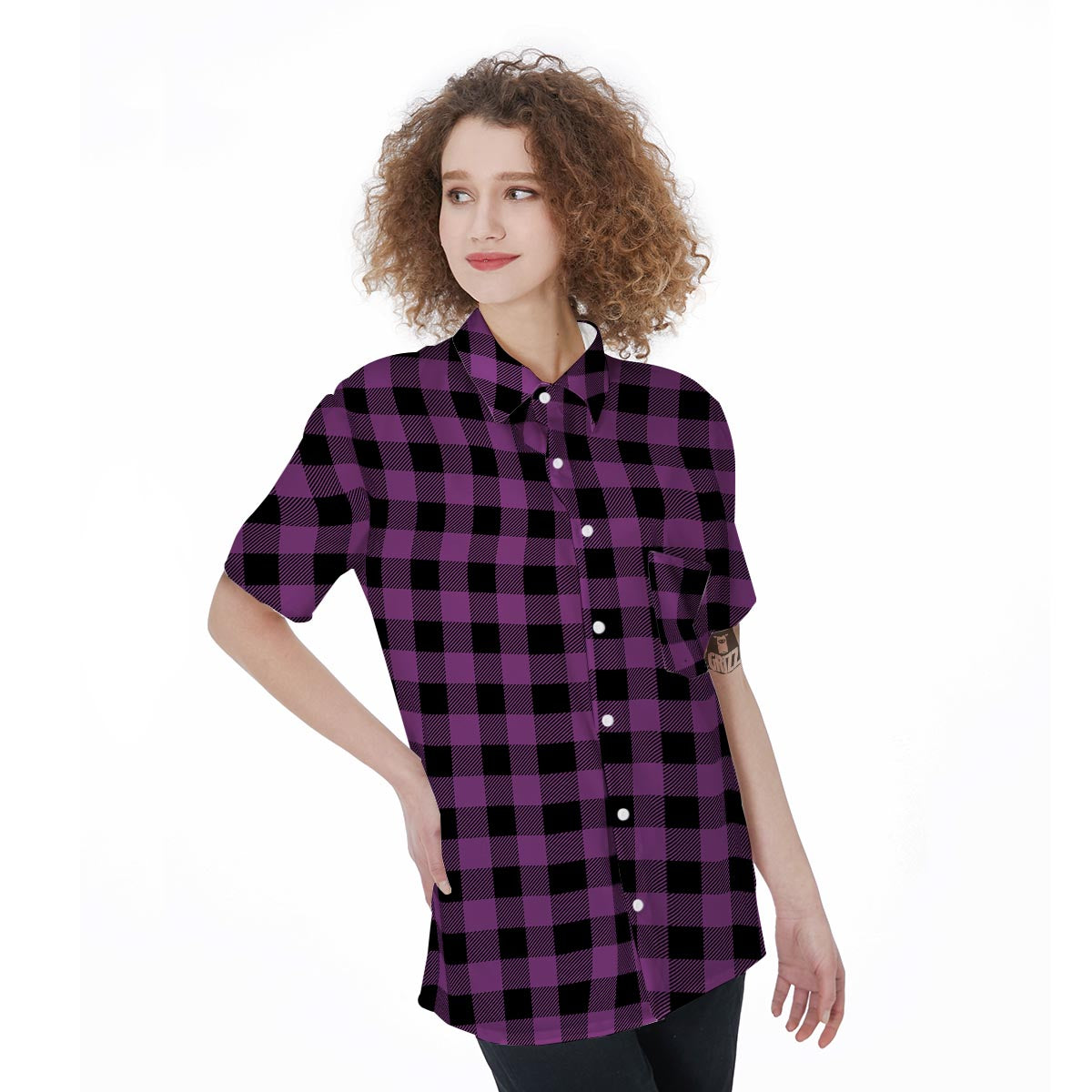 Purple Plaid Women's Short Sleeve Shirts-grizzshop