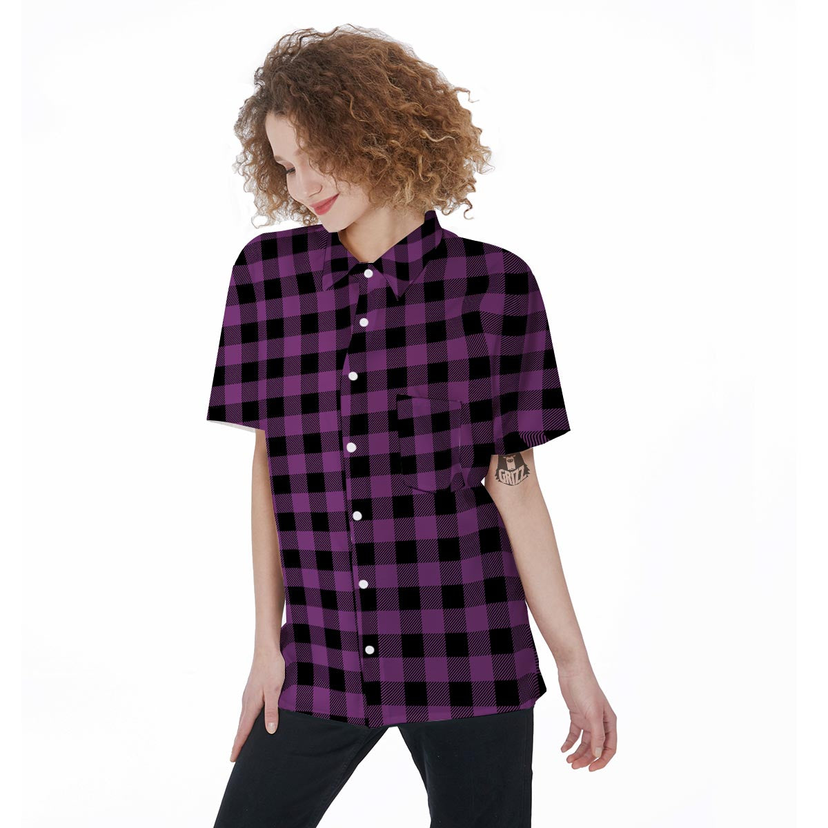 Purple Plaid Women's Short Sleeve Shirts-grizzshop