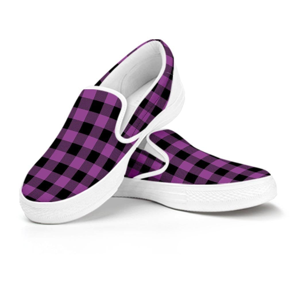 Purple Plaid Women's Slip On Sneakers-grizzshop