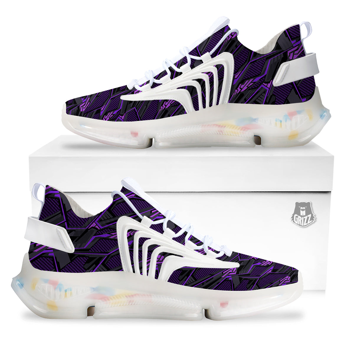 Purple Polygonal Shapes Print White Gym Shoes-grizzshop