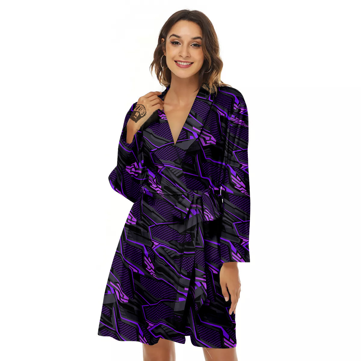 Purple Polygonal Shapes Print Women's Robe-grizzshop