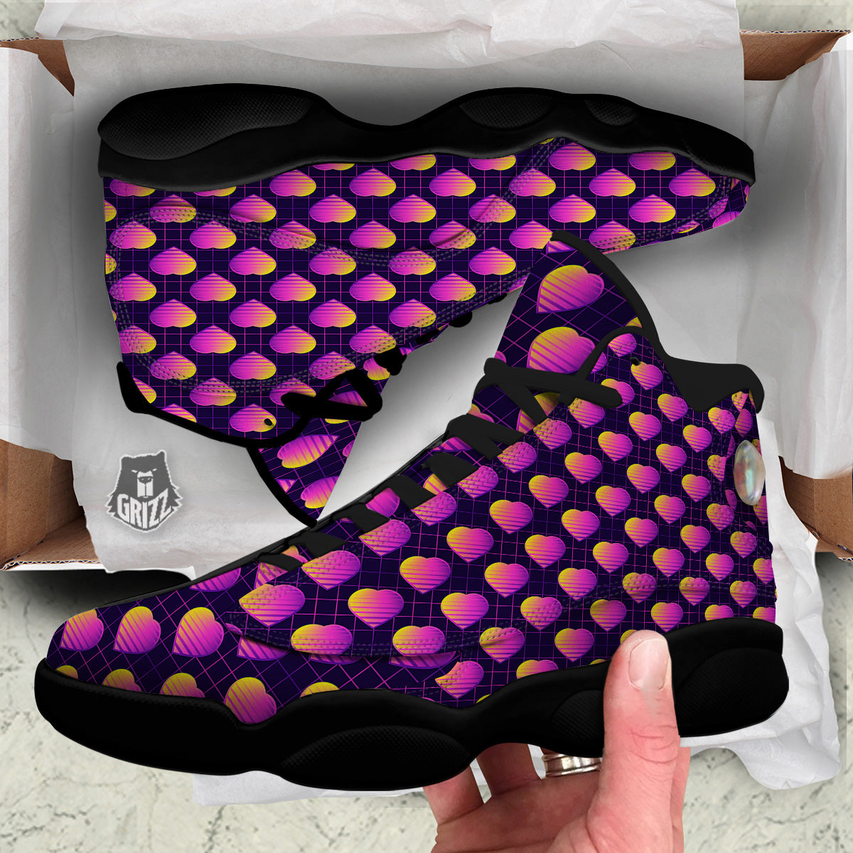 Purple Retro Heart Print Pattern Black Basketball Shoes-grizzshop