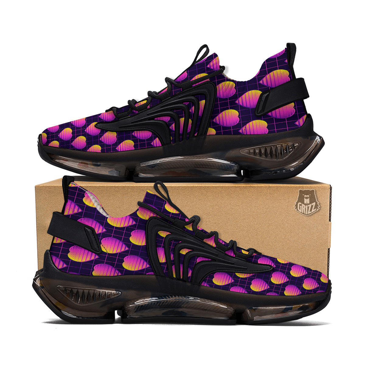 Purple Retro Heart Print Pattern Black Gym Shoes-grizzshop