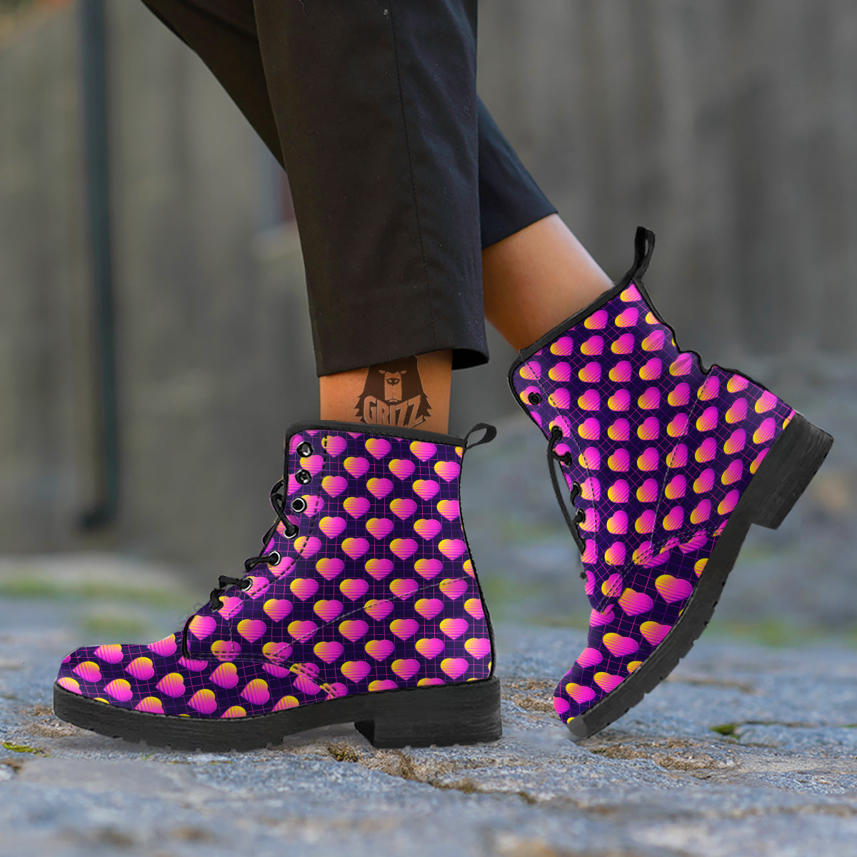 Purple Retro Heart Print Pattern Leather Boots-grizzshop