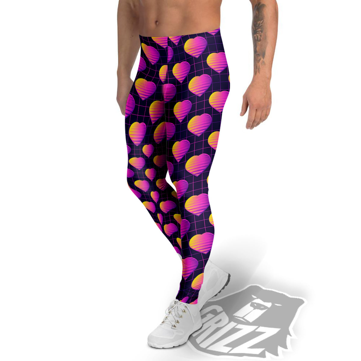 Purple Retro Heart Print Pattern Men's Leggings-grizzshop