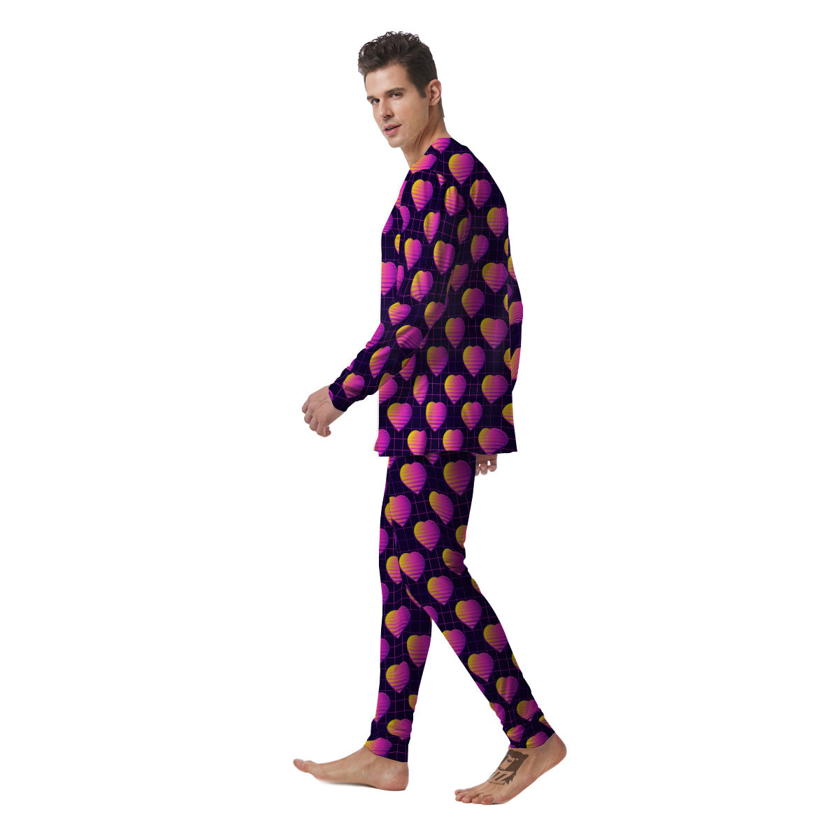 Purple Retro Heart Print Pattern Men's Pajamas-grizzshop