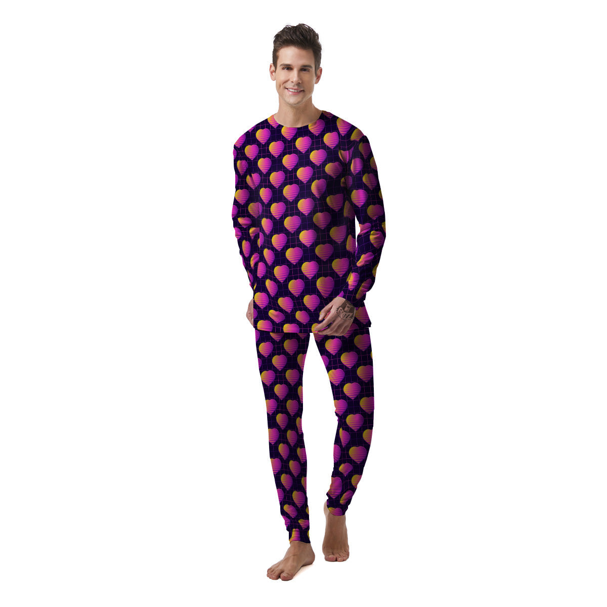 Purple Retro Heart Print Pattern Men's Pajamas-grizzshop