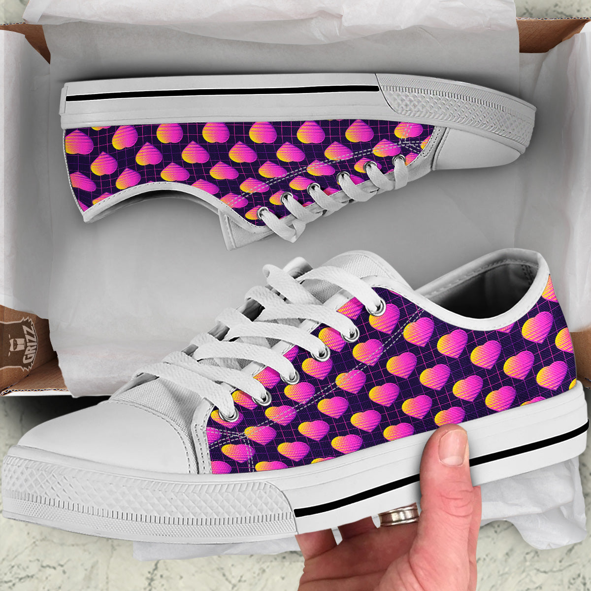 Purple Retro Heart Print Pattern White Low Top Shoes-grizzshop
