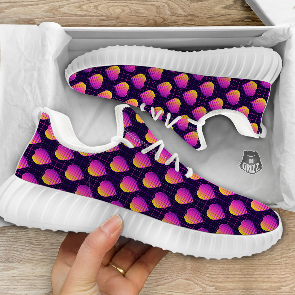 Purple Retro Heart Print Pattern White Walking Shoes-grizzshop