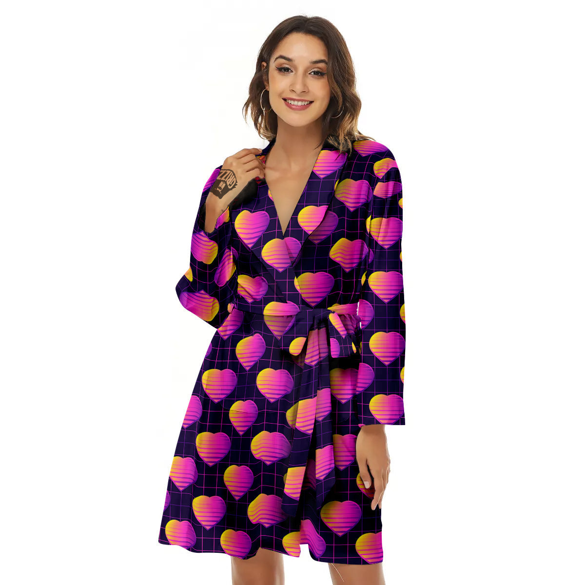 Purple Retro Heart Print Pattern Women's Robe-grizzshop