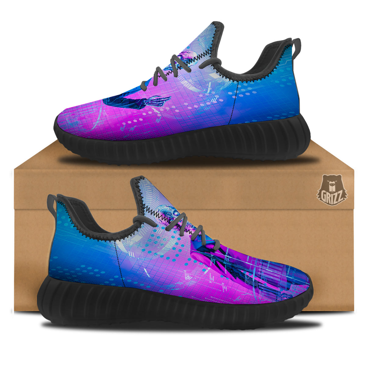 Purple Skeleton Cyber Print Black Walking Shoes-grizzshop