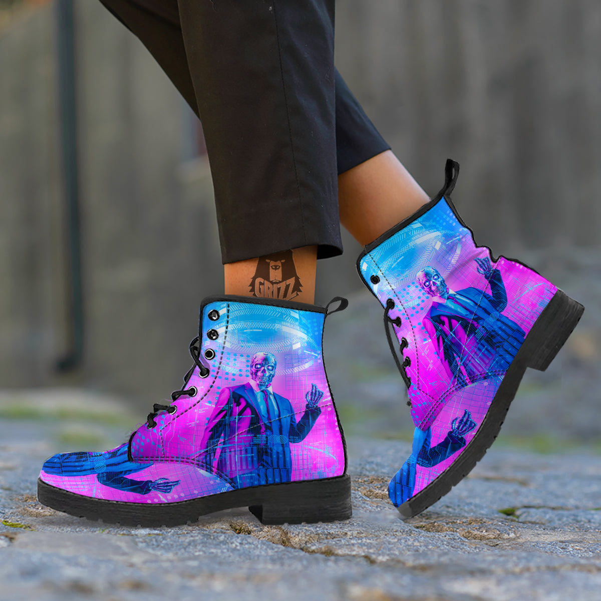Purple Skeleton Cyber Print Leather Boots-grizzshop