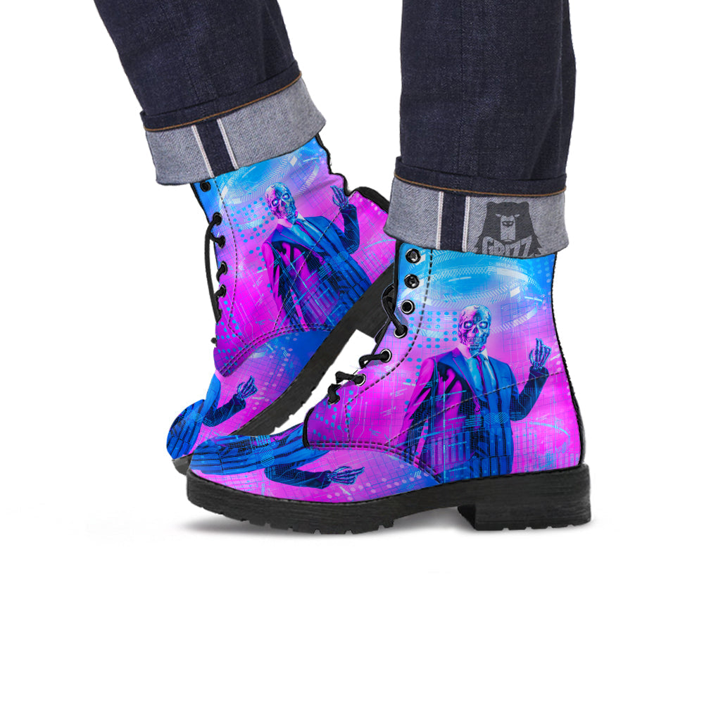Purple Skeleton Cyber Print Leather Boots-grizzshop