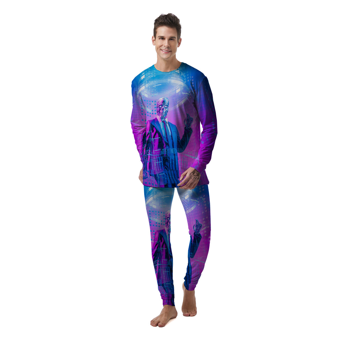 Purple Skeleton Cyber Print Men's Pajamas-grizzshop