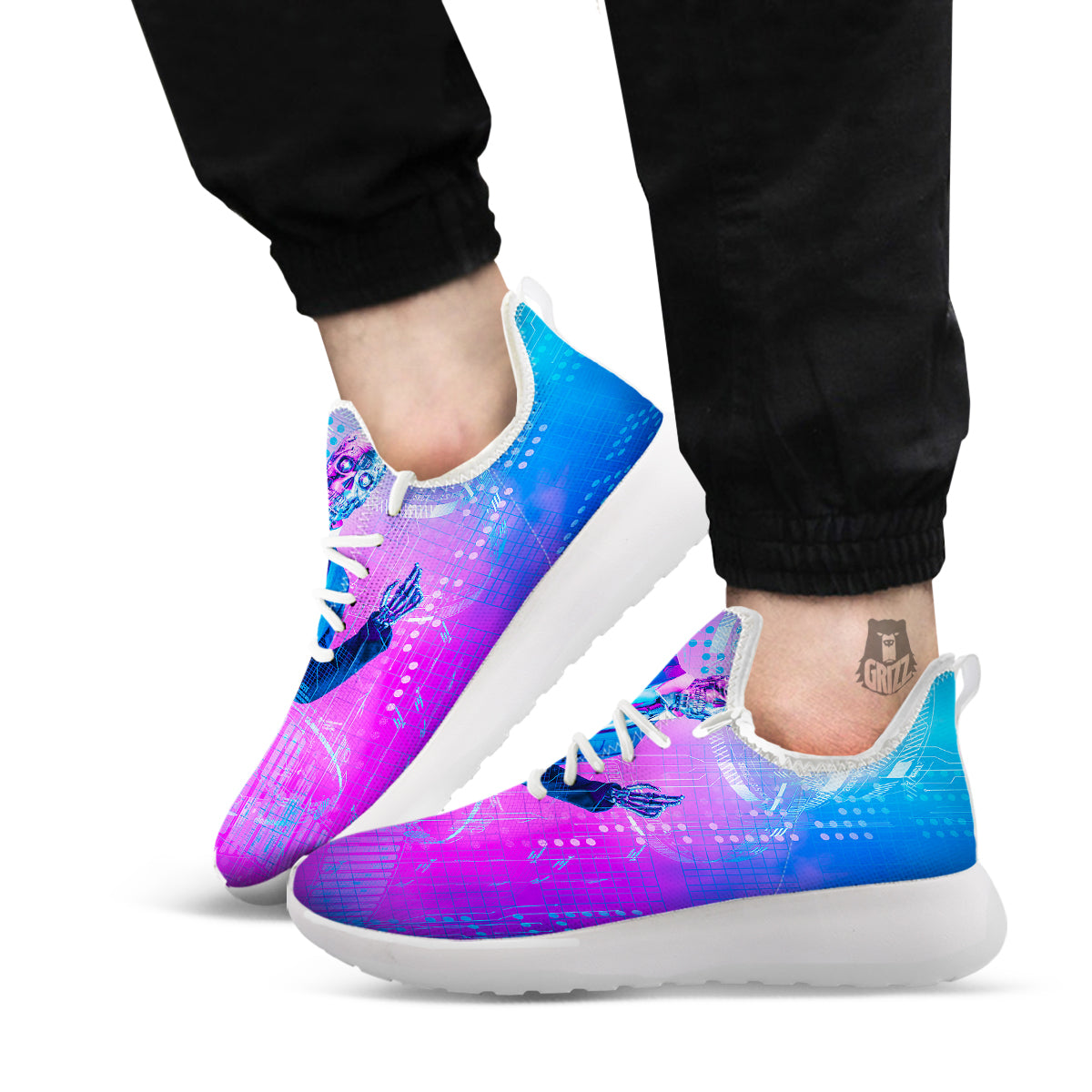 Purple Skeleton Cyber Print White Athletic Shoes-grizzshop