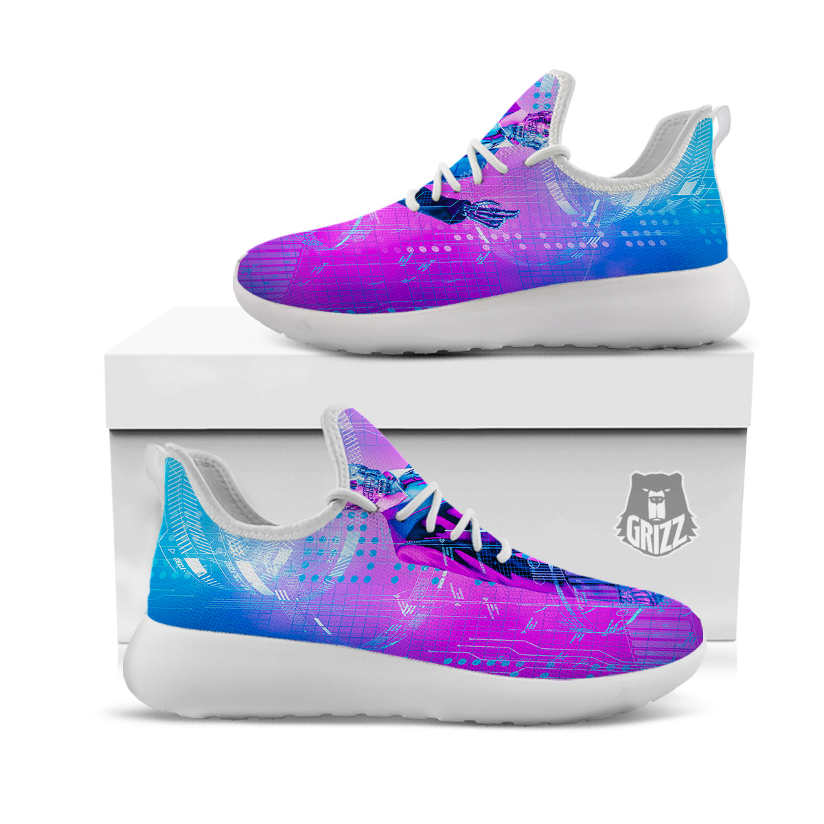 Purple Skeleton Cyber Print White Athletic Shoes-grizzshop