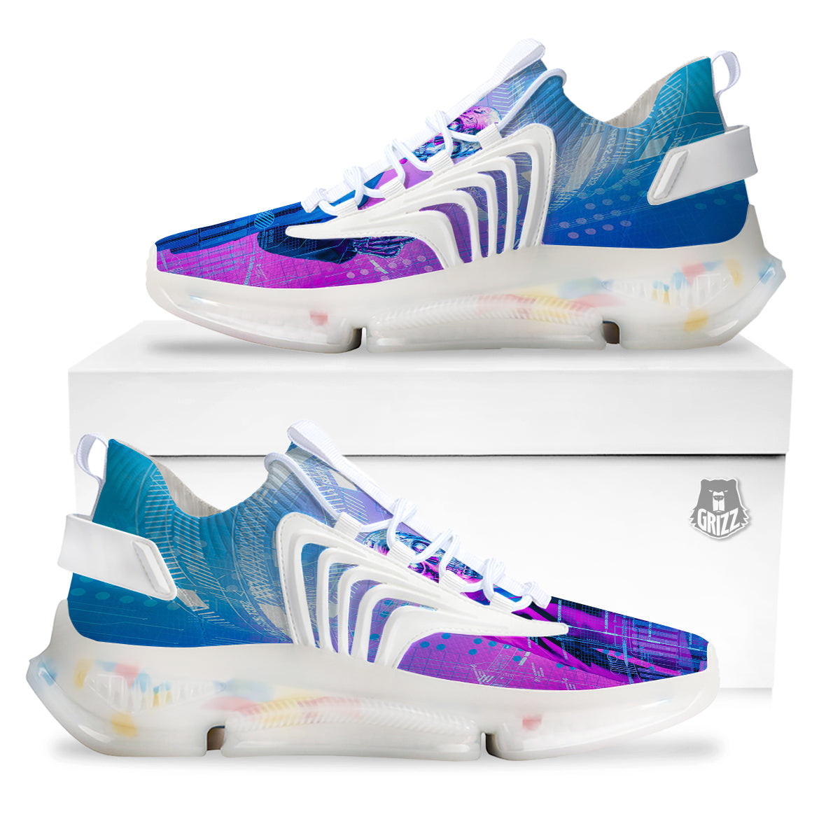 Purple Skeleton Cyber Print White Gym Shoes-grizzshop