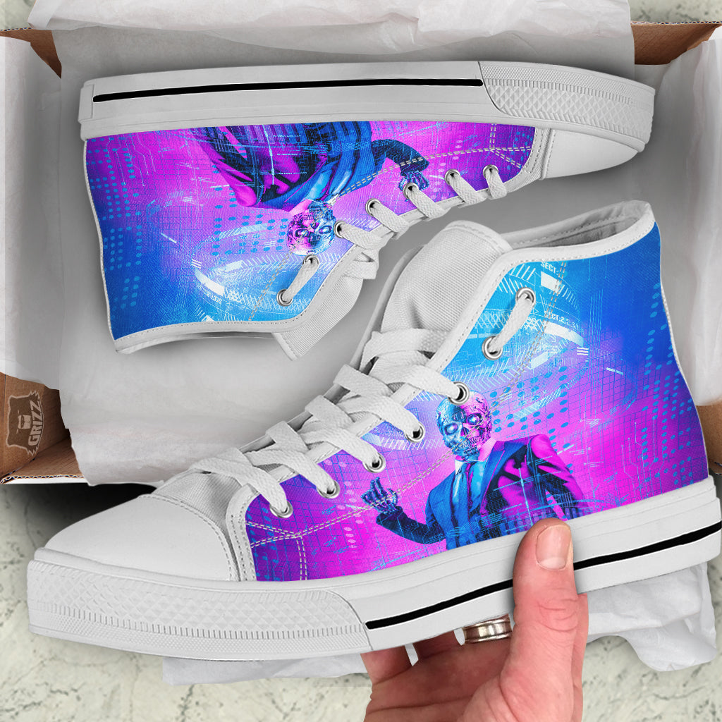 Purple Skeleton Cyber Print White High Top Shoes-grizzshop