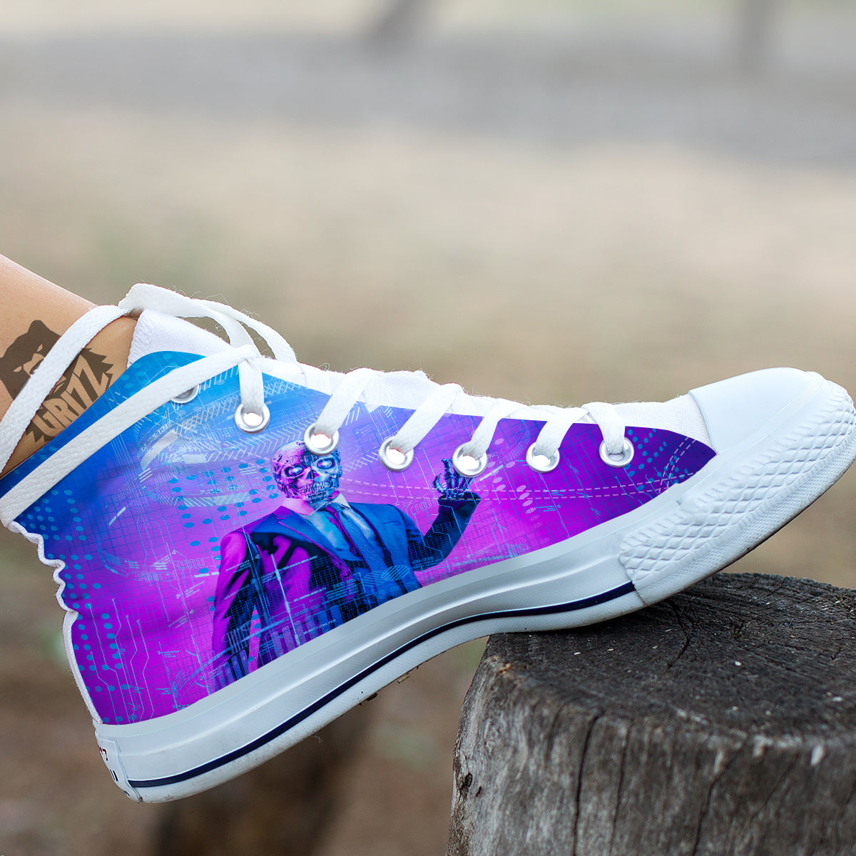 Purple Skeleton Cyber Print White High Top Shoes-grizzshop