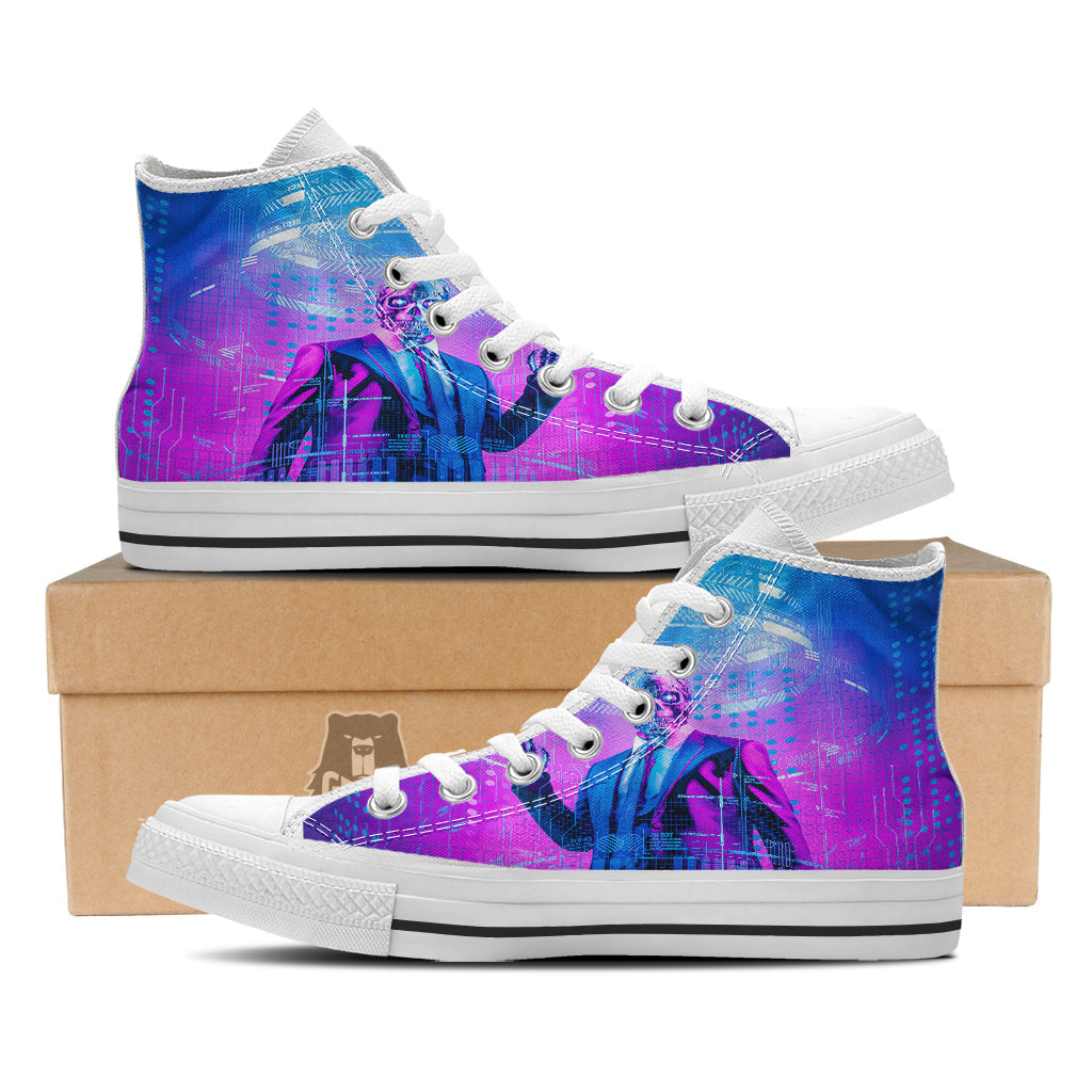 Purple Skeleton Cyber Print White High Top Shoes-grizzshop