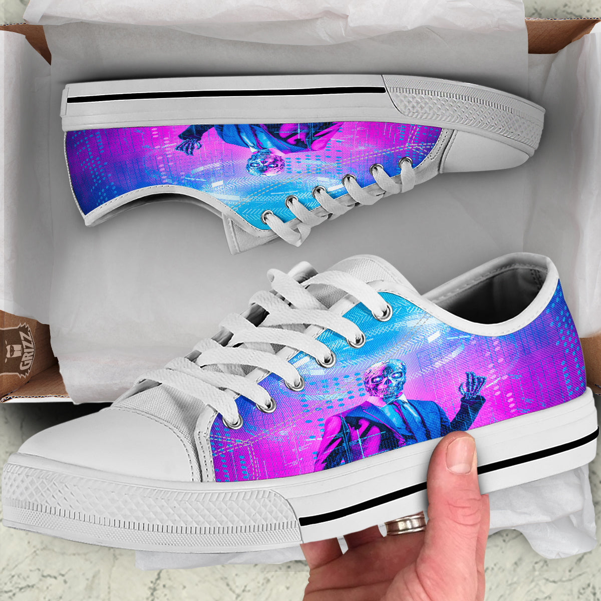 Purple Skeleton Cyber Print White Low Top Shoes-grizzshop