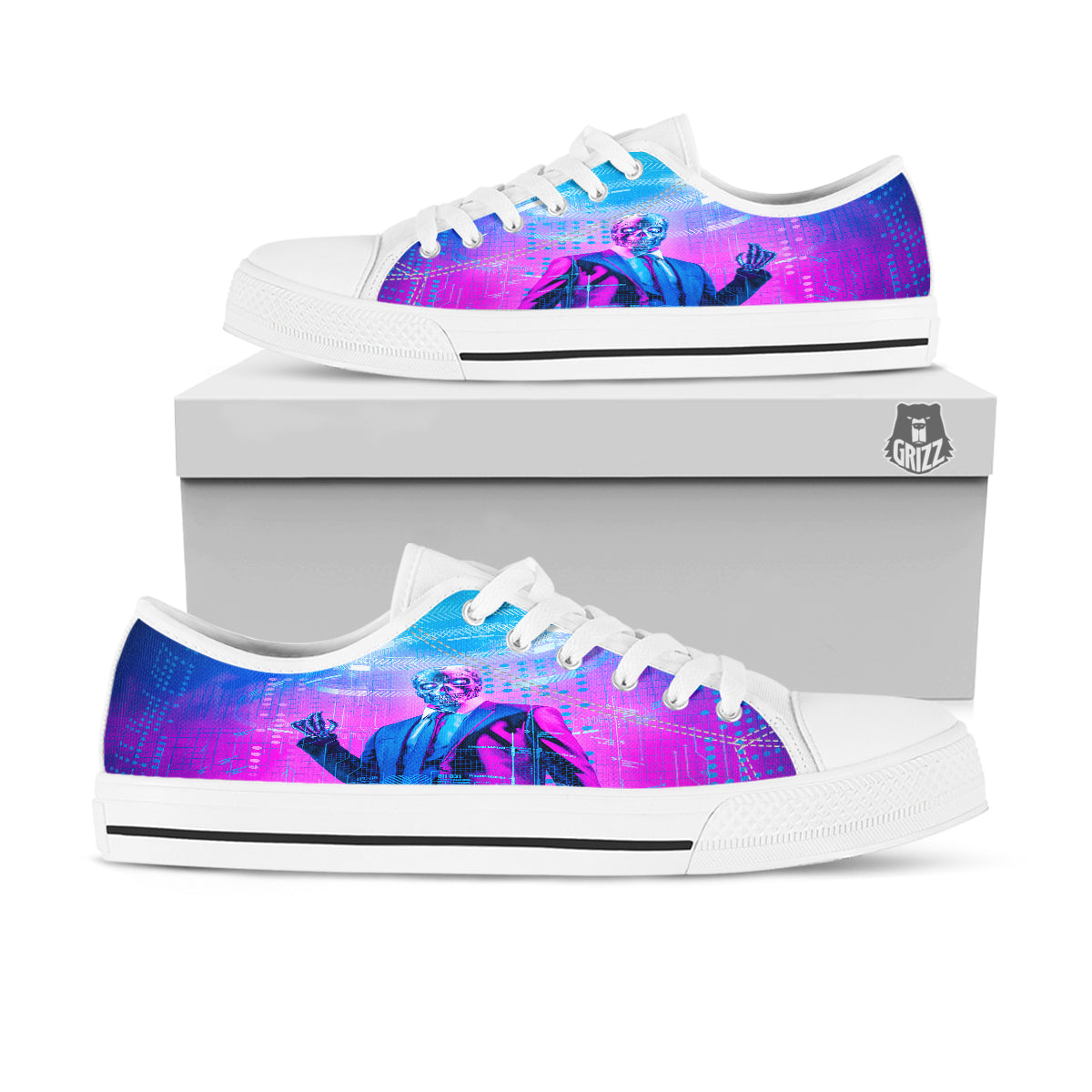 Purple Skeleton Cyber Print White Low Top Shoes-grizzshop