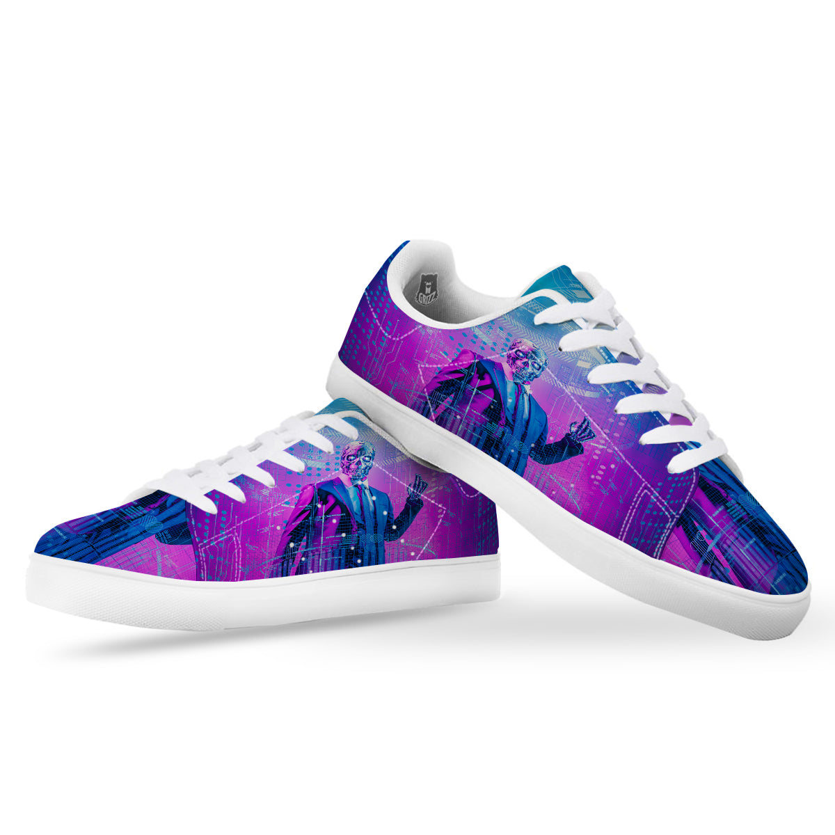Purple Skeleton Cyber Print White Low Top Sneakers-grizzshop