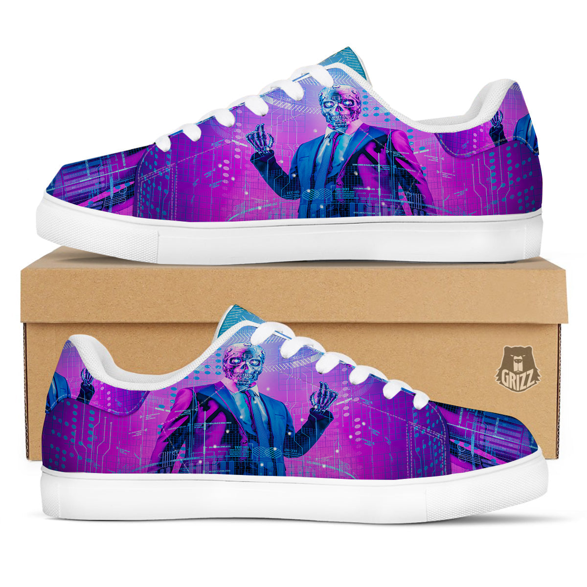 Purple Skeleton Cyber Print White Low Top Sneakers-grizzshop