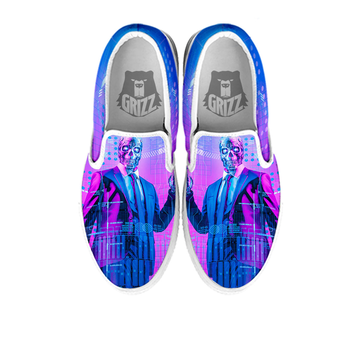 Purple Skeleton Cyber Print White Slip On Shoes-grizzshop