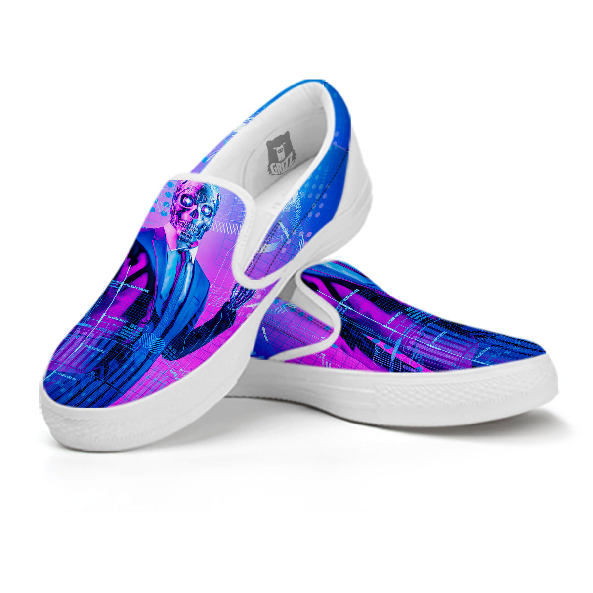 Purple Skeleton Cyber Print White Slip On Shoes-grizzshop