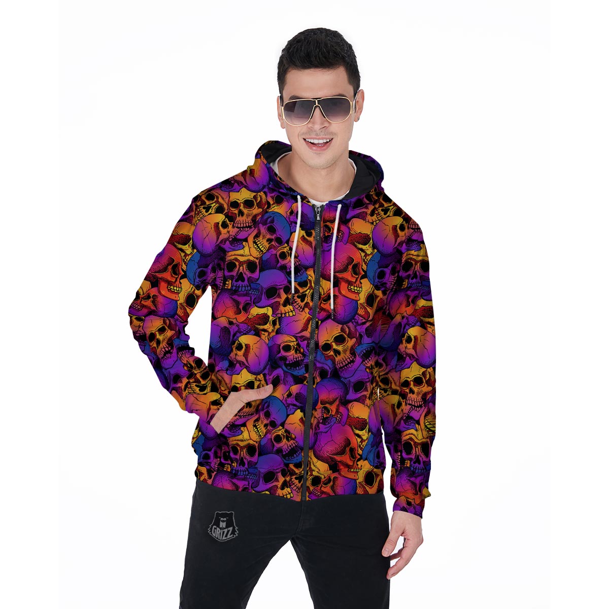 Purple Skull Men's Zip Up Hoodie-grizzshop