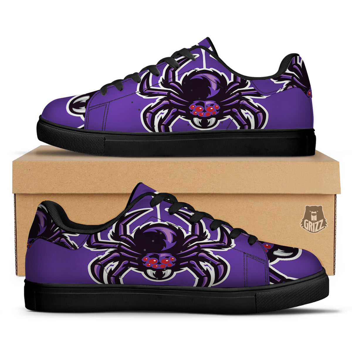 Purple Spider Print Black Low Top Sneakers-grizzshop