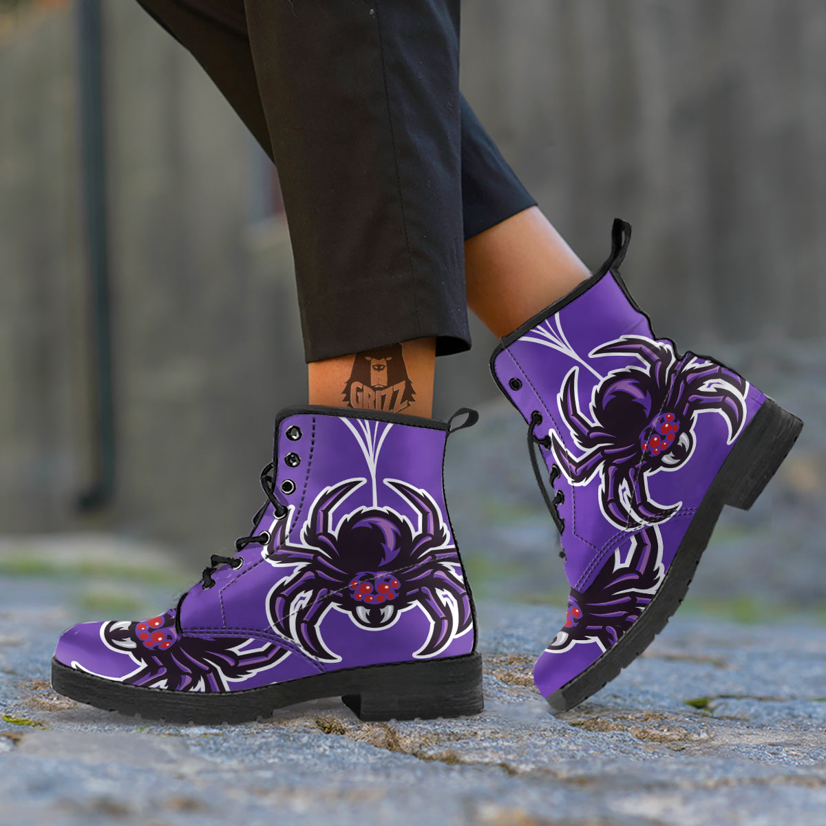 Purple Spider Print Leather Boots-grizzshop