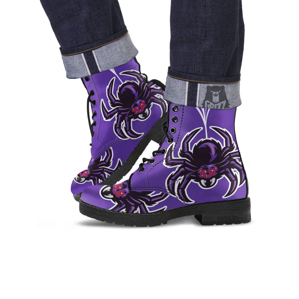 Purple Spider Print Leather Boots-grizzshop