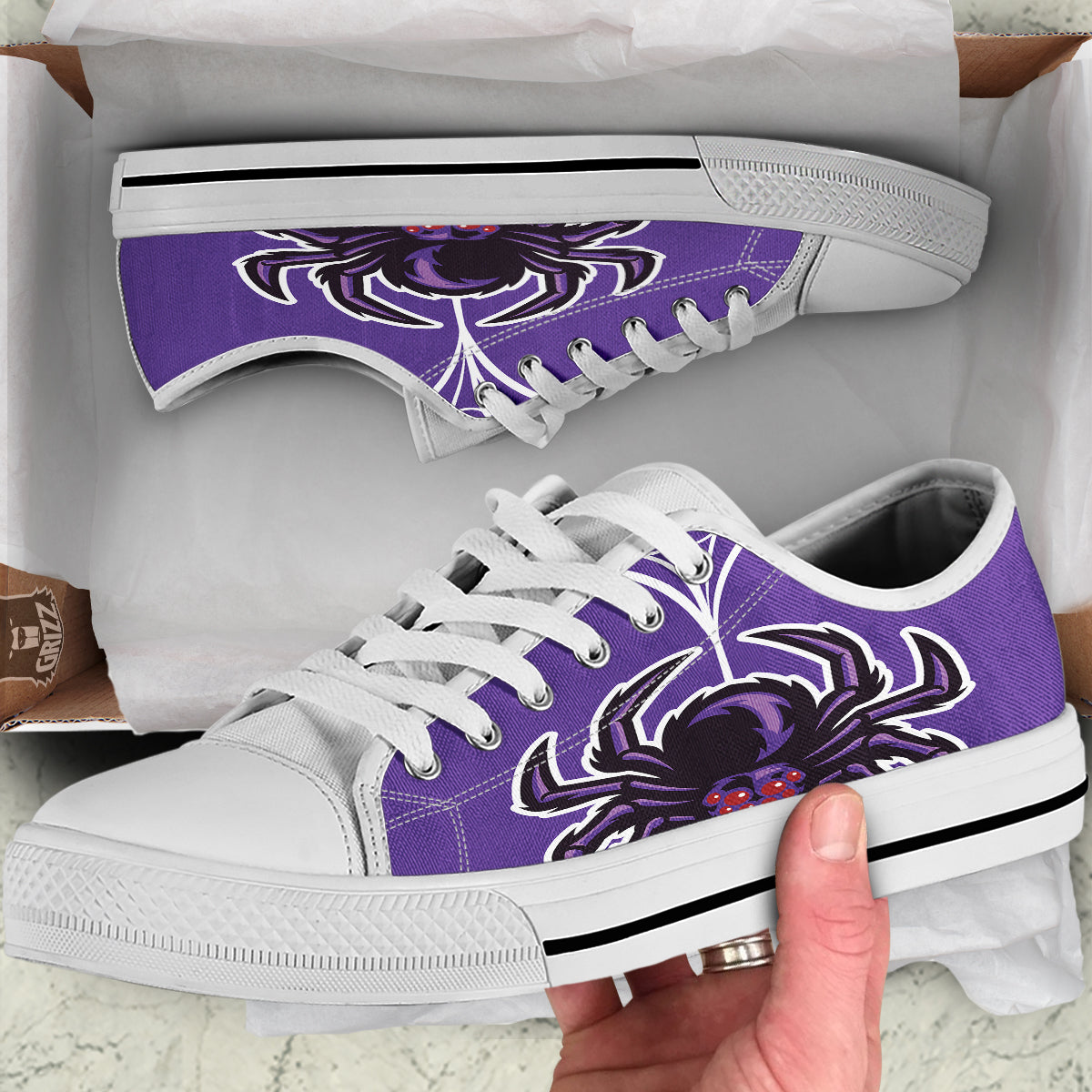 Purple Spider Print White Low Top Shoes-grizzshop