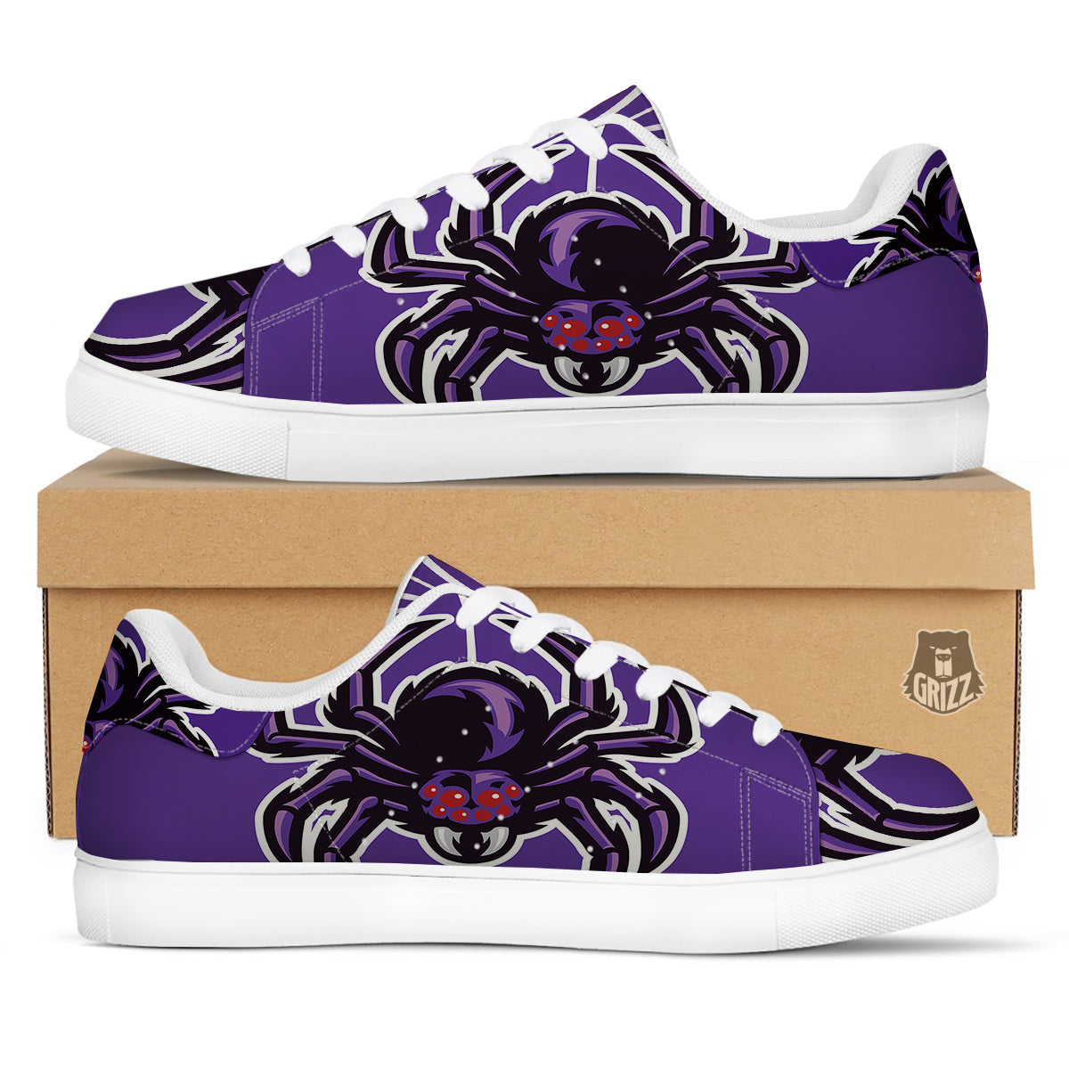 Purple Spider Print White Low Top Sneakers-grizzshop
