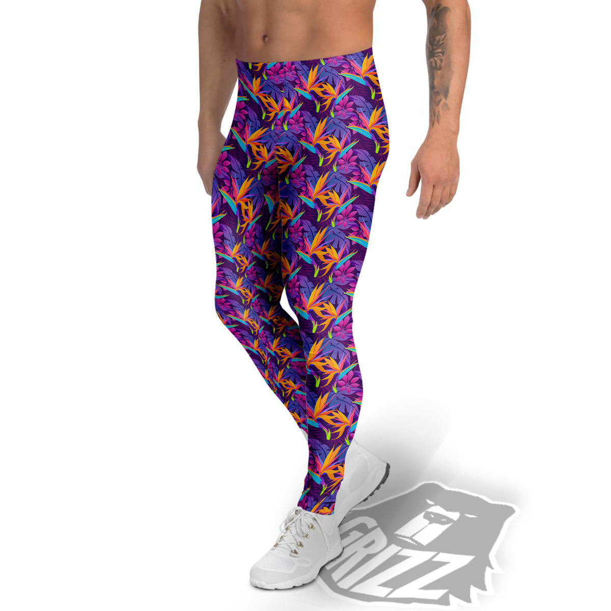 Purple Tropical Leaves Print Pattern Men's Leggings-grizzshop