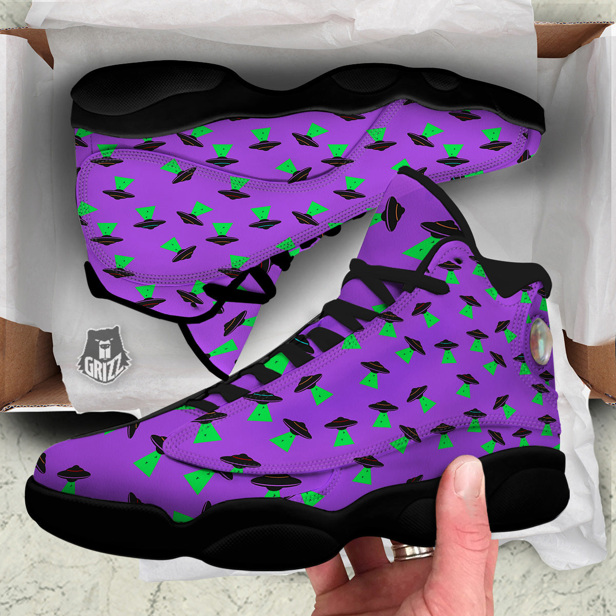 Purple UFO Alien Spaceship Print Pattern Black Basketball Shoes-grizzshop