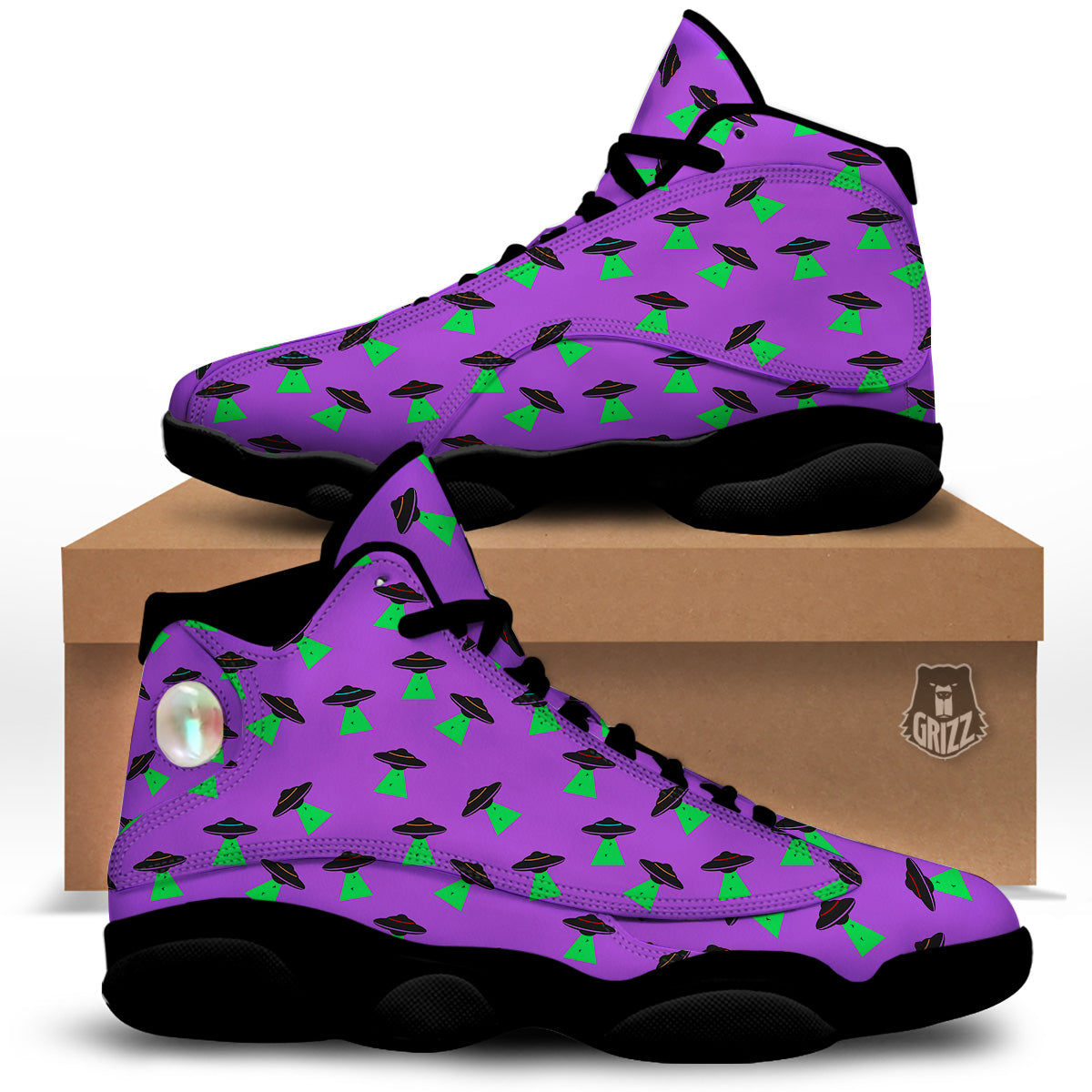 Purple UFO Alien Spaceship Print Pattern Black Basketball Shoes-grizzshop